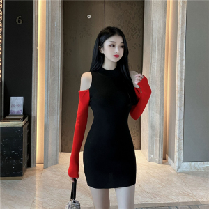 Autumn winter net red new sexy color matching off shoulder slim knit dress