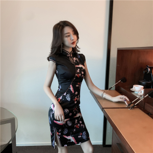 Chinese cheongsam printed crane color matching slim sexy dress