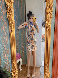 Retro short printed cartoon women’s cheongsam dress