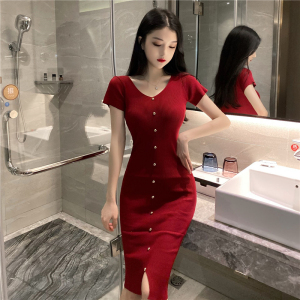 Real shot 5087 new short sleeve V-neck single breasted decorative slit slim medium length knitted dress