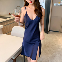 Sexy suspenders ~ split lace hollow silky ~ ice silk pajamas womens summer 2021 New nightdress