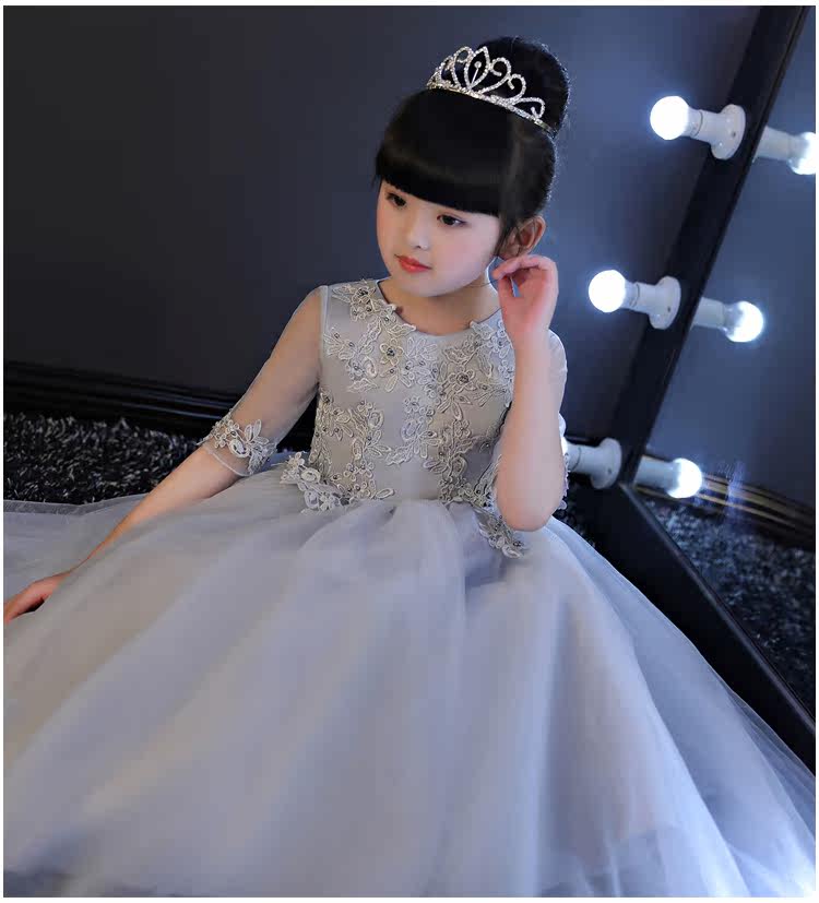 2017新款儿童礼服灰色公主裙女童蓬蓬婚纱花童晚礼服钢琴演出服长