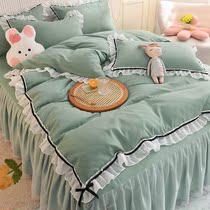 Bed solid color double lace non-slip bed skirt set of four plaid cotton quilt cover student dormitory bed sheet set of three