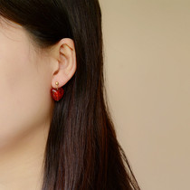 Retro red and blue glass heart-shaped temperament earrings new trendy 14k bag gold earrings female summer birthday gift for girlfriend