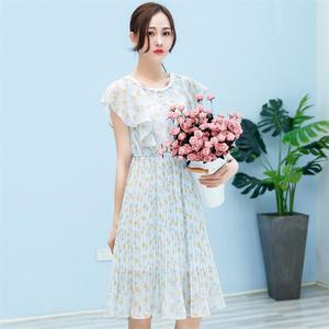 连衣裙女夏2018新款冷淡风雪纺碎花小清新仙女中长无袖百褶裙韩版