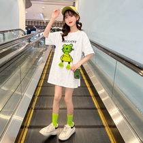 Girls short sleeve t-shirt summer dress 2022 new childrens cotton thin summer loose mid-length top