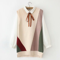 Spring Round Neck Knitted Sleeveless Vest Female Size Joker Pullover Sweater Vest Vintage Color Patch Shoulder base shirt