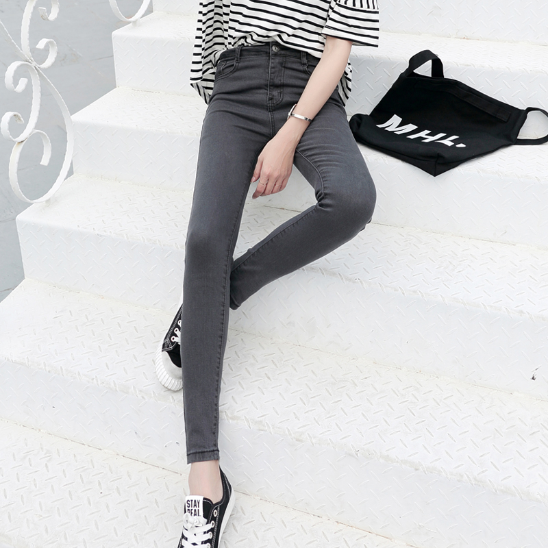 2021 new high-waisted cigarette gray jeans women's nine-point spring slim slim stretch tight little feet long pants