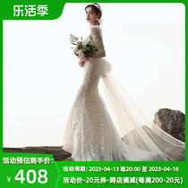 French fish tail bride 2023 new long - sleeve drag white outdoor dress style Yuan Sen dress