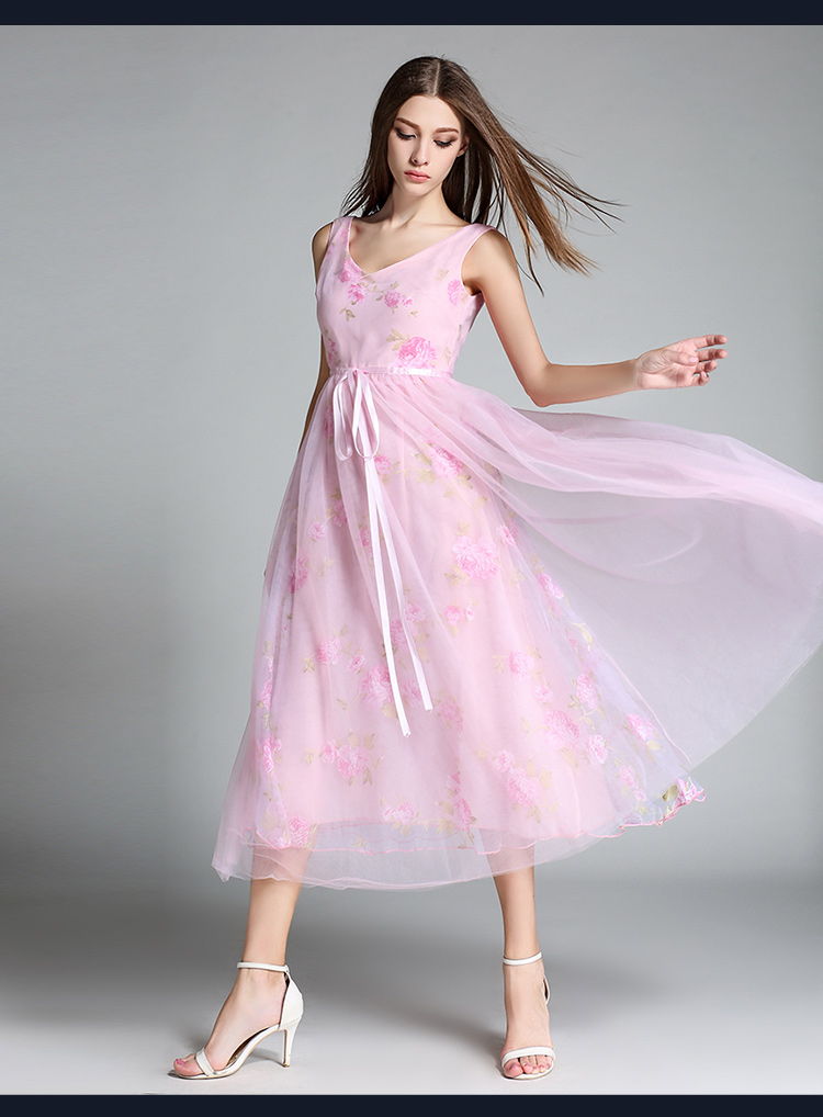 欧洲站新款欧根纱印花连衣裙v领无袖仙女长裙大摆裙