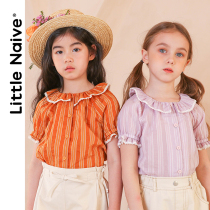 LittleNaive little girl shirt girl short sleeve summer lapel striped shirt child Spring New