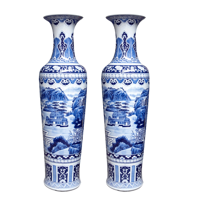 Jingdezhen ceramics of large blue and white porcelain vase landscape figure fishtail bottles of sitting room furnishing articles furnishing articles hotel decoration