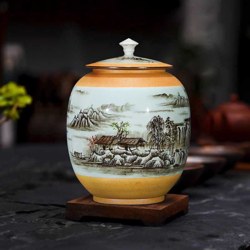 Jingdezhen ceramic hand - made tea pot with cover seal moisture household storage tank one and a half jins of large POTS