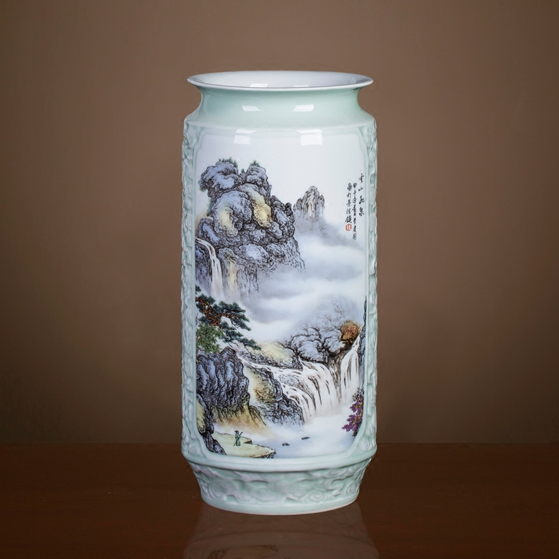 Jingdezhen ceramics antique Chinese landscape painting vase home sitting room adornment is placed on the calligraphy and painting scroll cylinder