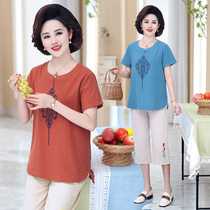 Middle-aged womens clothing short sleeves cotton linen suit two sets of seven-pants middle-aged mothers loaded loose big code summer dress retro