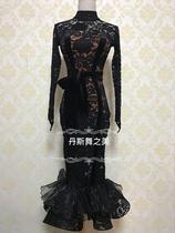 Imported embossed lace art show autumn and winter practice conjoined Latin dance skirt in long professional female children