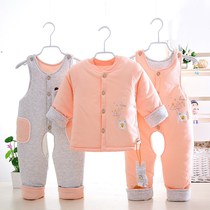 Baby cotton coat suit thickened baby quilted jacket newborn clothes 0-1-2 years old bib pants autumn and winter three-piece set