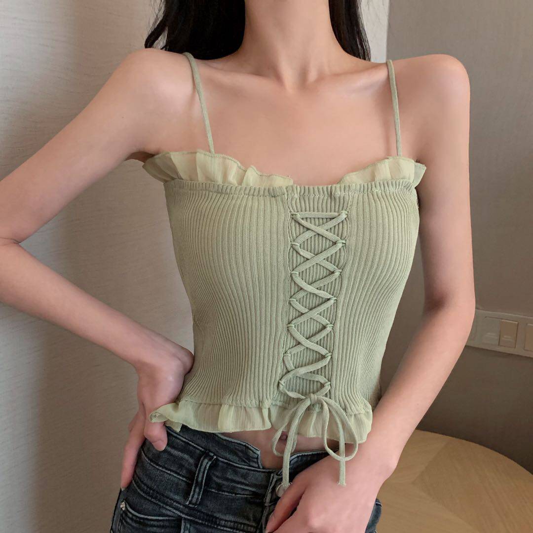 价韩版设计感雪纺拼接交叉绑带短款吊带背心打底上衣女