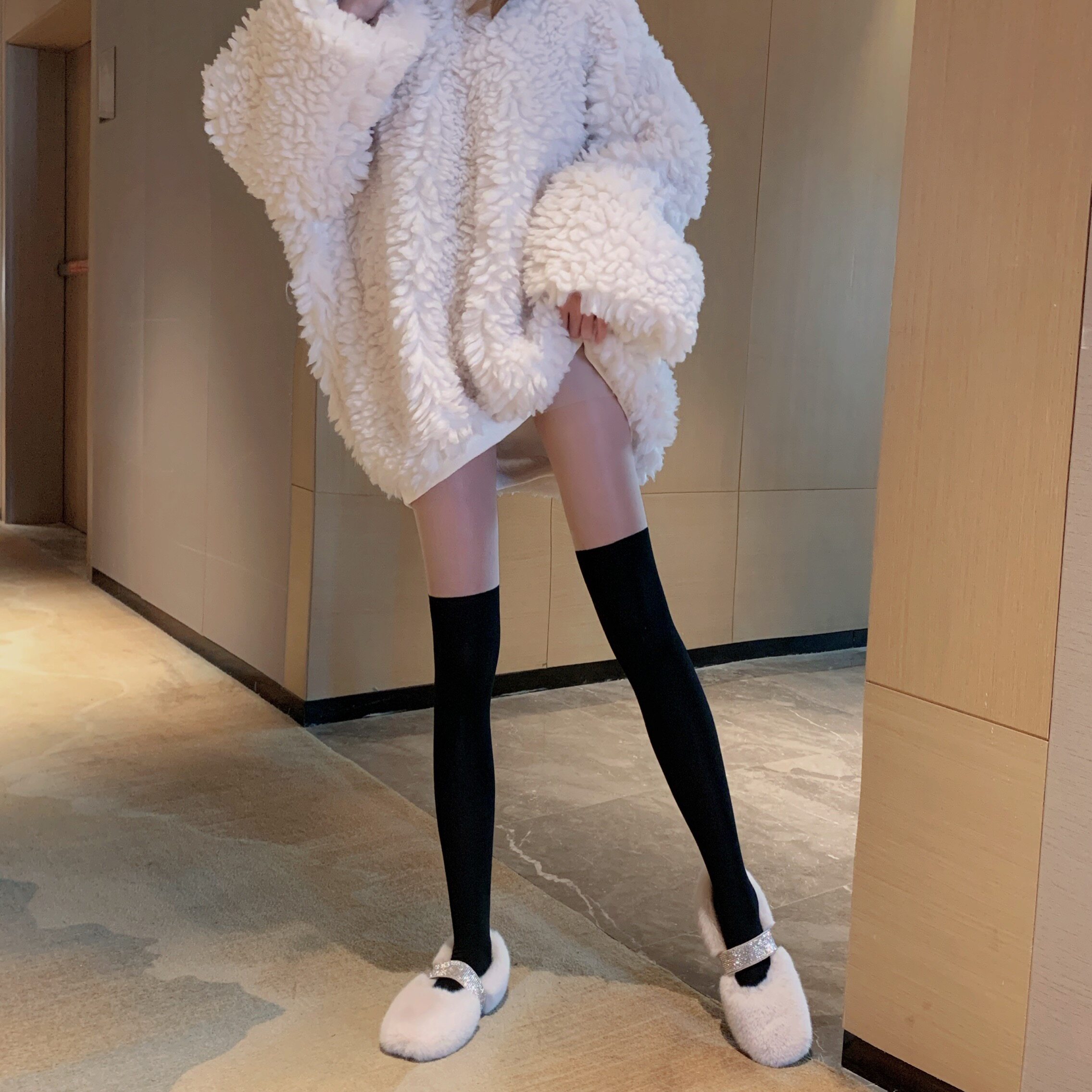 实拍实价双层加绒加厚拼接袜裤女光腿神器假过膝大腿打底裤连裤袜