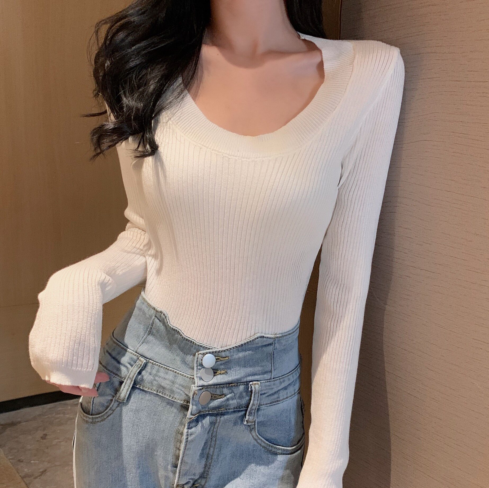 价秋冬新款女长袖大u领性感低胸针织衫短款打底上衣_coco小姐cocj2741