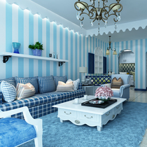 Mediterranean wallpaper vertical stripe blue TV background wall wood grain bedroom living room warm retro non-woven wallpaper