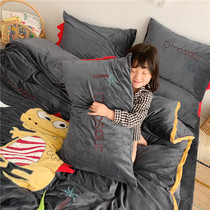 Cartoon thickened warm double-sided baby velvet four-piece set coral velvet Cute duvet cover sheets fitted sheet bed Falai velvet
