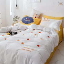 Net red cotton four-piece set ins wind embroidery cotton quilt cover Solid color sheets fitted sheet Student dormitory three-piece set