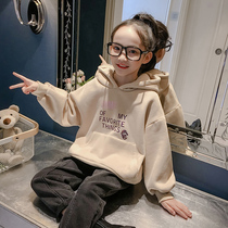 Girl one velvet hooded thick 2021 new winter style children plus velvet thick winter coat