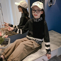 Girls half high neck black striped sweater 2021 autumn and winter New Korean childrens winter fashion base shirt coat
