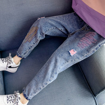 Girls autumn fashionable jeans 2021 new foreign style in the big children tide old pants thick spring and autumn pants