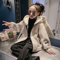 Girl particle velvet hooded thick coat 2021 New Korean version of childrens foreign fashion fashion female big child warm childrens clothing
