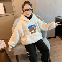 Girls wool sweater sweater plus velvet thickened foreign style 2021 autumn and winter new children Winter imitation lamb wool top