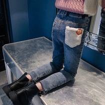 Girls foreign style pants 2021 New Korean version of childrens slim jeans winter womens Big children thick trousers childrens clothing