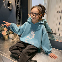 Girls autumn and winter handsome plus velvet sweater 2021 New Korean childrens clothing childrens thick fashionable foreign coat winter clothing