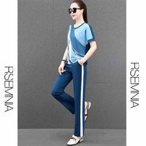 Rsemnia sports suit womens summer fashion Western style ice silk short-sleeved thin micro-lapped pants casual two-piece suit~tide