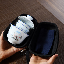 Car travel mini hand gift capsule tea set bright white porcelain one bowl three Cup travel cloth carrying bag