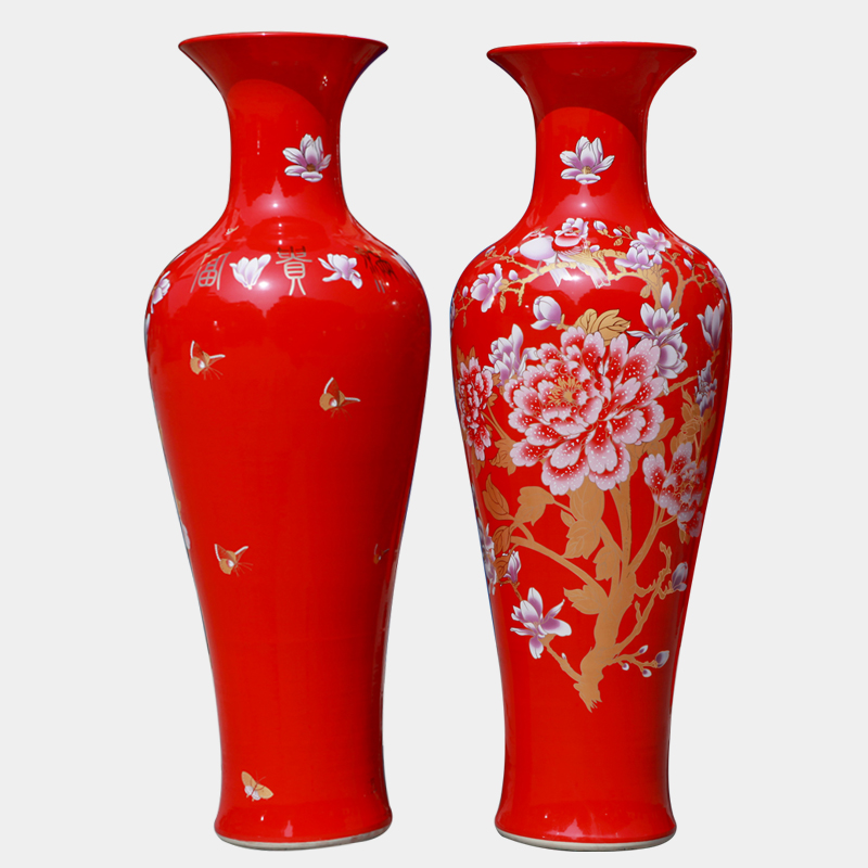 Jingdezhen ceramics China red peony landing big vase archaize high - temperature glaze furnishing articles sitting room hotel opening