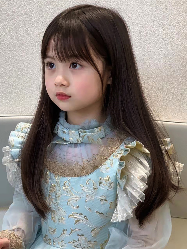 儿童假发长直发空气刘海可爱日常圆脸透气仿真女童长发整顶假发套