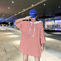 Medium-sized sweater girl summer hat thin striped hat t-shirt female short-sleeved big sister 200 cat loose tide