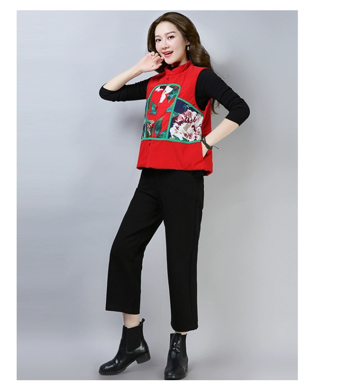 Phong cách dân tộc của phụ nữ Trung Quốc retro Tang phù hợp với áo ghi lê áo ghi lê dệt kim áo vest vest sandwich dày áo khoác không tay - Áo vest