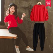 Girl suit 2023 new spring and autumn Korean version CUHK Tong Yang Gas Trendy Children Red Sweater Sports Two Sets