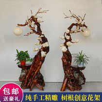 Root carving rack Natural log flower rack Natural tree root bonsai rack Solid wood log floor-to-ceiling shelf Balcony
