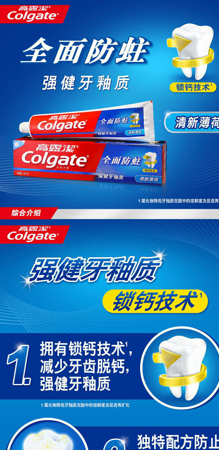 展示与对比:高露洁 全面防蛀清新薄荷香型 含氟钙配方250g牙膏2支正品