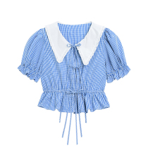 DESIGNER PLUS Doll Collar Blue Shirt Female Summer Design Sensation Small Korean version Retro high waist short blouses
