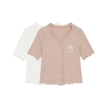 Designer Plus small daisy pink V collar short sleeve t-shirt female Shins Chains tide slim fit 100 lap short blouse