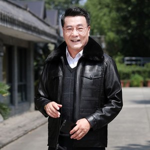 中老年皮衣男皮毛一体爸爸装PU皮夹克男装外套秋冬加绒加厚翻领