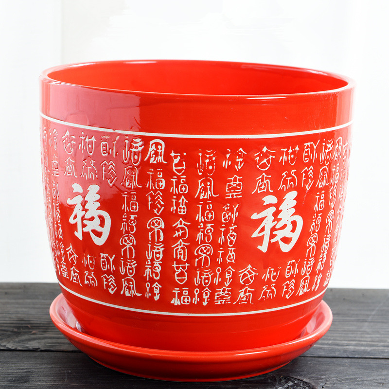 Red flower pot with ceramic tray was simple Chinese wind large household green plant new big Red money plant flower pot