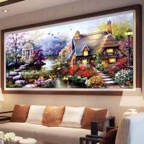 Mona Lisa full embroidered European-style cross embroidered garden hut new living-room Dramatic Garden Oil Painting Scenic line embroidery