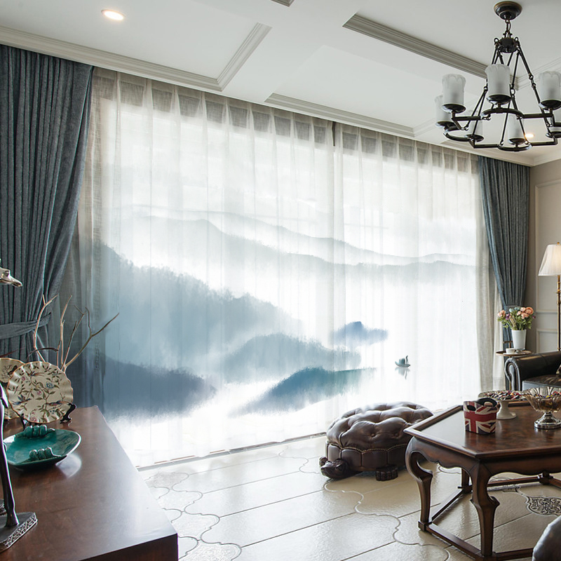 定制新中式水墨山水窗帘中国风禅意窗纱客厅阳台复古隔断装饰纱帘