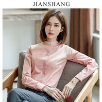 Pink T-collar Shirt Female Long Sleeve 2022 Spring New Gas Professional Worker Design Sense Small Close Lown White Shirt